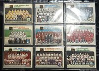 Photo showing front sides of 9 O-Pee-Chee 1975-76 NHL hockey player team cards, each card featuring a team photo with the team name displayed and a distinctive colored border.