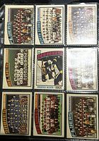 Nine 1976-77 O-Pee-Chee NHL hockey trading cards shown in plastic protector sleeve, mostly team photos with one goalie player card.