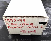 Photo of the original white cardboard box containing the 1993-94 O-Pee-Chee Premier Series 2 hockey cards. Box is labeled with handwritten text indicating the set and card count of 263.
