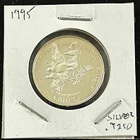 Obverse side of the 1995 Canadian 50 cent silver proof coin showing Gray Jays Birds design and markings.