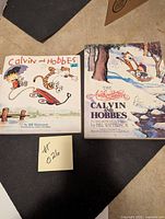 Photo showing two Calvin and Hobbes books, one with Calvin and Hobbes sledding on the cover and the other featuring a winter sledding scene.