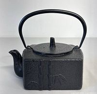 Front view showing the square cast iron teapot with bamboo embossed design and curved spout.