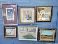 Overview of six framed wall pictures with various subjects including botanical print, still life, landscapes and cottage building.