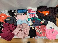Overview of new ladies clothing items laid out, showing variety of colors and styles with tags attached
