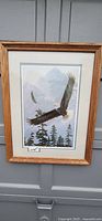 Full view of framed lithograph print showing bald eagles flying over a mountainous forest landscape.