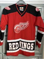 Front view of vintage Detroit Red Wings youth XL hockey jersey showing large front logo and 'RED WINGS' wording.