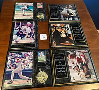 Overview of all six assorted sports plaques placed on a wooden floor, featuring both baseball and hockey players with photos, inscriptions, and sports memorabilia items