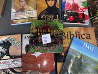 Photo showing a collection of art and religious books arranged flat. Titles visible include Middle Ages, Icons of Sinai, Philip Guston Retrospective, Shocking Beauty, Biblical art, Japanese art and Dalí.