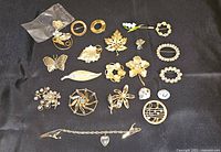 Top view of multiple vintage pins and brooches on black fabric including leaf, butterfly, floral, circular, and musical note designs.