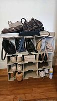 Photo showing fabric storage cubes filled with assorted handbags on the top shelves and multiple pairs of shoes on the lower shelves with a container of 2ZR spot remover on the floor in front.