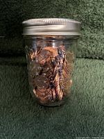 Glass jar filled with pennies, metal lid shown, jar placed on a green fabric background.