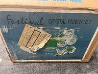 Original Festival crystal punch set box with label and shipping tag showing wear and tear.