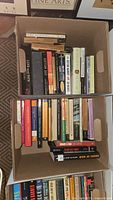 Two cardboard boxes filled with a variety of books viewed from above, titles visible including novels and literary works.