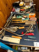 Wide shot of assorted hand and gardening tools on table showing power bar, saws, trowels, paint brushes, and utility knives.