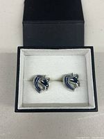 Front-facing view of the pair of Vancouver Canucks cuff links in a black and white presentation box