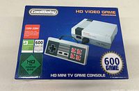 Front view of unopened CoolBaby HD Mini TV Game Console box showing console and one controller image, emphasizing 600 built-in games and 1080P HDMI support.