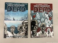 Photo showing front covers of The Walking Dead Volume 1 and Volume 2 graphic novels lying side by side on a beige surface.