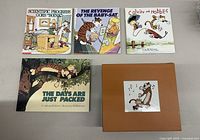 Top view showing the five additional Calvin & Hobbes books with illustrated covers including 'Scientific Progress Goes Boink', 'The Revenge of the Baby-Sat', 'Calvin and Hobbes', 'The Days Are Just Packed', and the slipcase box set.