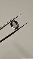 Oval untreated Burma spinel held in tweezers showing the pink-purple hue and clarity.