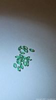 Top view of marquis cut bright green calibrated natural emerald gemstones spread on a white background.