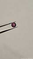 Close-up of oval cut sapphire gemstone held with tweezers, showing purple pink coloration.