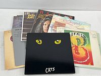 A spread of vintage vinyl records showing Cats, Hair, Air Supply, Sylvester, Billy Joel, and Neil Diamond albums with worn covers