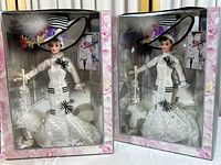 Two boxed Barbie dolls standing side by side inside original plastic and cardboard packaging showing floral themed design and box aging.