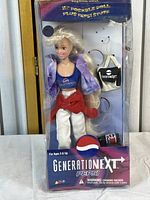 Front view showing 11-inch posable doll wearing Pepsi-branded outfit, visible accessories inside plastic window box, and damaged packaging.