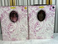 Front view of the two boxed dolls showing the floral pink rose background with clear oval windows for the dolls. Boxes labeled 'Collector Edition' with character names below the windows. Boxes show signs of aging.