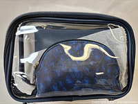 Front view of three-piece travel pack inside main large bag with clear front panel, blue leopard print medium bag, and small pouch