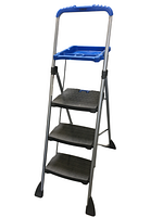 Full view of the 3-step folding stool with blue utility tray and silver frame