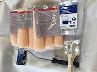 Photo showing 6 pieces paint brushes bundled, 9 roller refills, and 6 paint pail liners all new in packaging