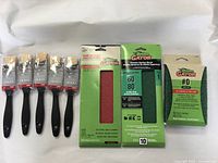 Photo showing five new Pintar flat paint brushes with black handles and natural bristles, plus three packs of Gator sanding and cleaning products including clamp-on sanding sheets, combo grit sheets, and synthetic steel wool pads.