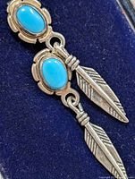 Close-up of one silver earring featuring an oval turquoise stone and a feather-shaped silver pendant.