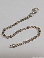 Silver rope chain bracelet 6 inches long, showing full bracelet and lobster clasp closure.