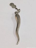 Silver horn-shaped pendant with a small tag attached to the loop on top, photographed on white background.