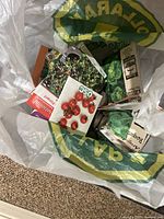Seed packets in a plastic bag including tomato seeds and other garden seeds.