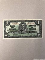 Front side of the Canadian 1937 series one dollar bank note showing portrait of King George VI, bilingual denominations, and serial numbers.