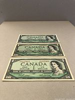 Three Canadian $1 bank notes laid flat, showing front side with Queen Elizabeth II portrait and $1 denomination text.