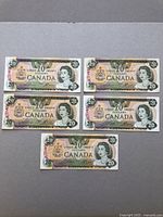 Front view of all five $20 bills on grey background