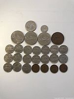 Top-down view showing all 28 coins laid out in rows by size and metal type. Coins include large and small silver-tone Canadian and American coins, and several copper-tone coins.