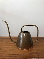 Watering can side view showing hammered copper body, brass arched handle, and curved spout.