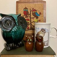 Lot with all owl items together including ceramic figurine, wooden salt and pepper shakers, ceramic mug, and a corkboard with owl drawings in the background