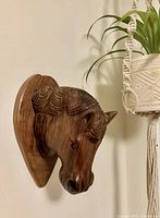 Side angle of solid carved wooden horse head mounted on plaque.