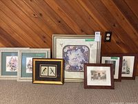 Photo of seven framed bird-themed artworks arranged against wood paneling, showing variety in size and frame style
