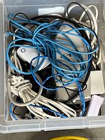Bin with blue Ethernet cables, white power strip, Apple charger, assorted adapters