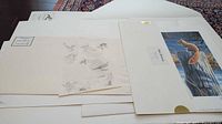 Stack of unframed limited edition prints in protective sleeves, including color wildlife scene visible