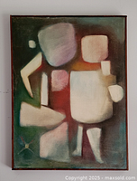 Frontal image of the framed abstract painting showing full composition and frame.