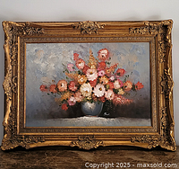 Full view of oil on canvas still life painting in ornate gilt wood frame