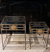 Both metal and glass end tables shown side by side, highlighting the design and size difference.